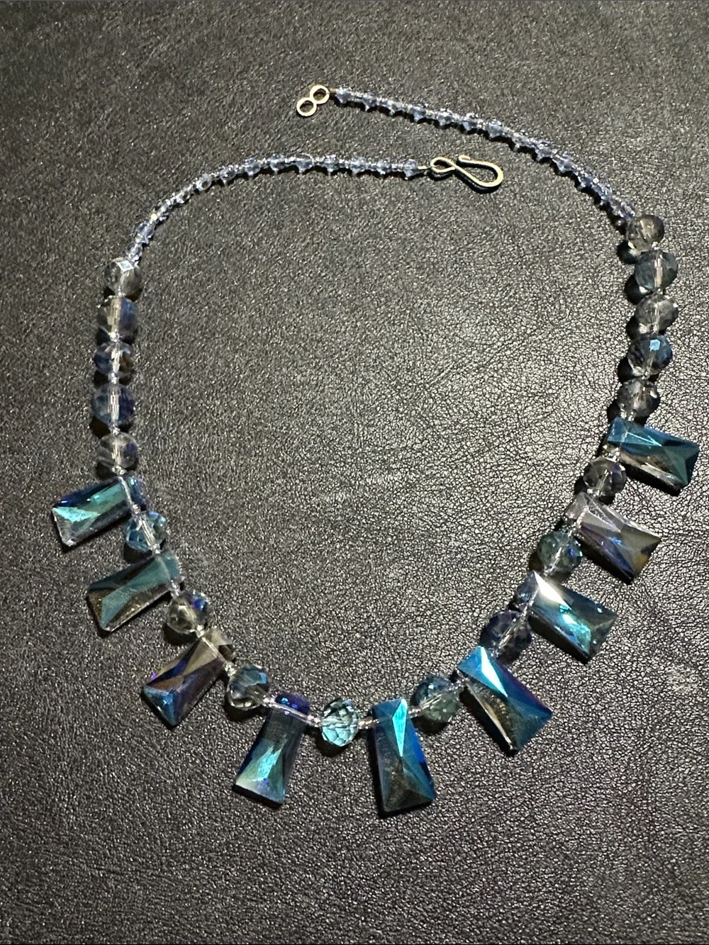 1950’s Art Glass AB Peacock Blue Fringe Necklace